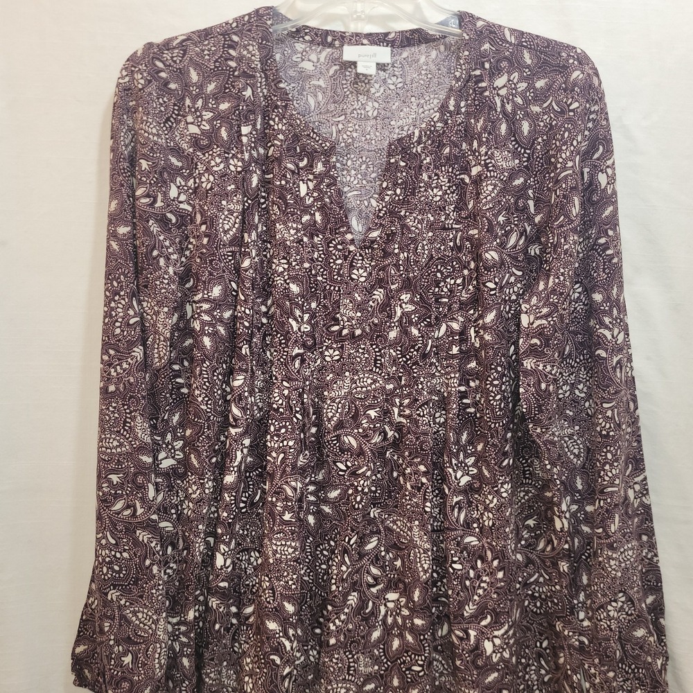 J Jill Pure‎ Top Women's Small Med Purple Paisley V Neck Blouse Long Sleeve Boho